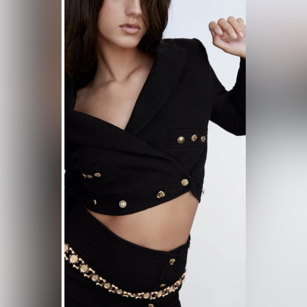 ZARA NEW Women’s CROPPED BUTTONED Textured Tweed BLAZER JACKET BLACK Size Small - Picture 5 of 16
